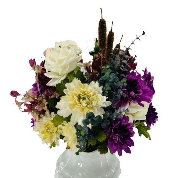 Artificial Flower Purple Pink Multi Bouquet Roses Mums Hydran Cattail Clematis - Picture 5 of 16